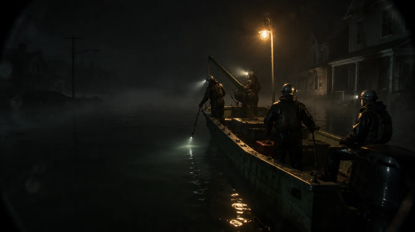 Perahu pengeruk hijau lumpur dengan lampu natrium di tiang pendek melaju di jalan yang terendam; empat kru berhelm dengan lampu kepala, satu memegang tiang sonar di sisi perahu.